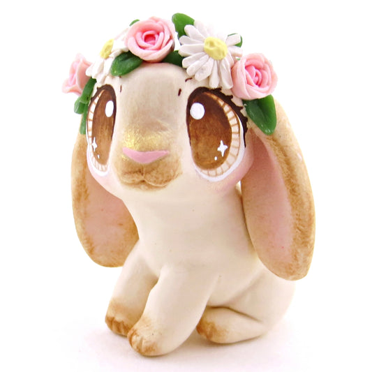 Flower Crown Cream Point Holland Lop Rabbit Figurine - Polymer Clay Spring and Easter Animals