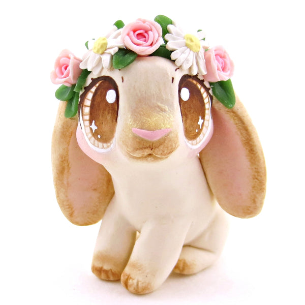 Flower Crown Cream Point Holland Lop Rabbit Figurine - Polymer Clay Spring and Easter Animals