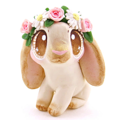 Flower Crown Cream Point Holland Lop Rabbit Figurine - Polymer Clay Spring and Easter Animals