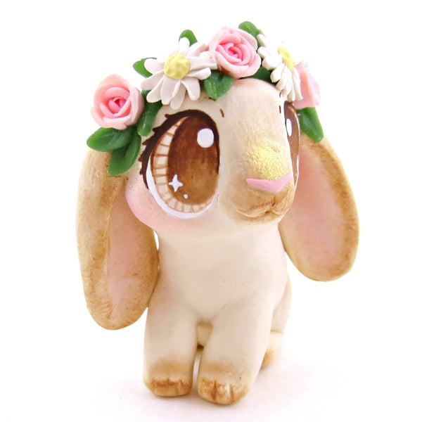 Flower Crown Cream Point Holland Lop Rabbit Figurine - Polymer Clay Spring and Easter Animals