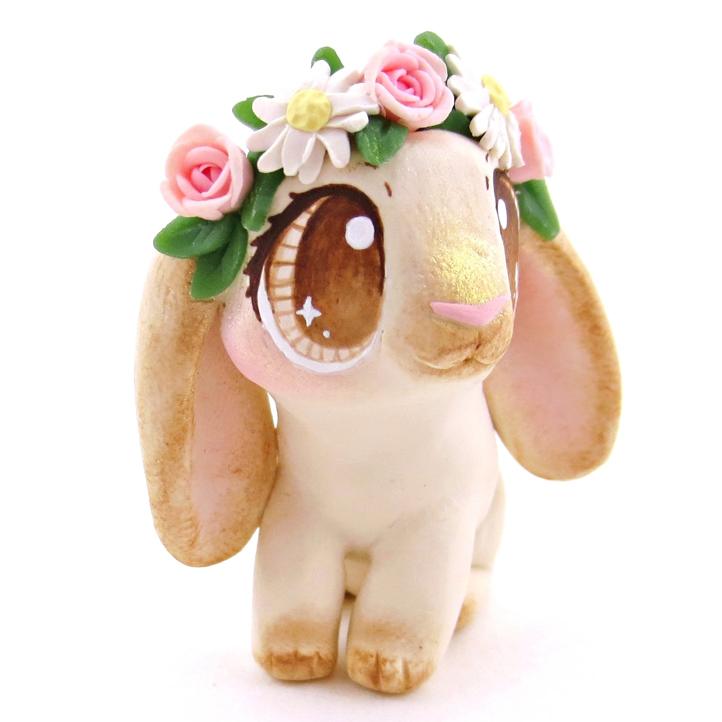 Flower Crown Cream Point Holland Lop Rabbit Figurine - Polymer Clay Spring and Easter Animals