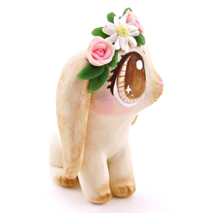 Flower Crown Cream Point Holland Lop Rabbit Figurine - Polymer Clay Spring and Easter Animals