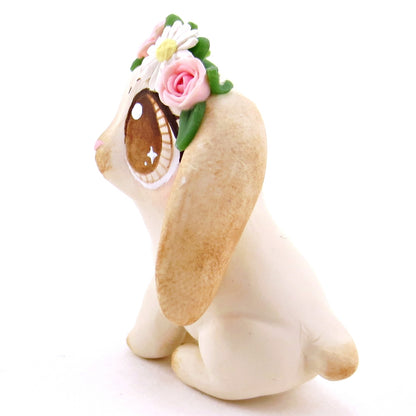 Flower Crown Cream Point Holland Lop Rabbit Figurine - Polymer Clay Spring and Easter Animals