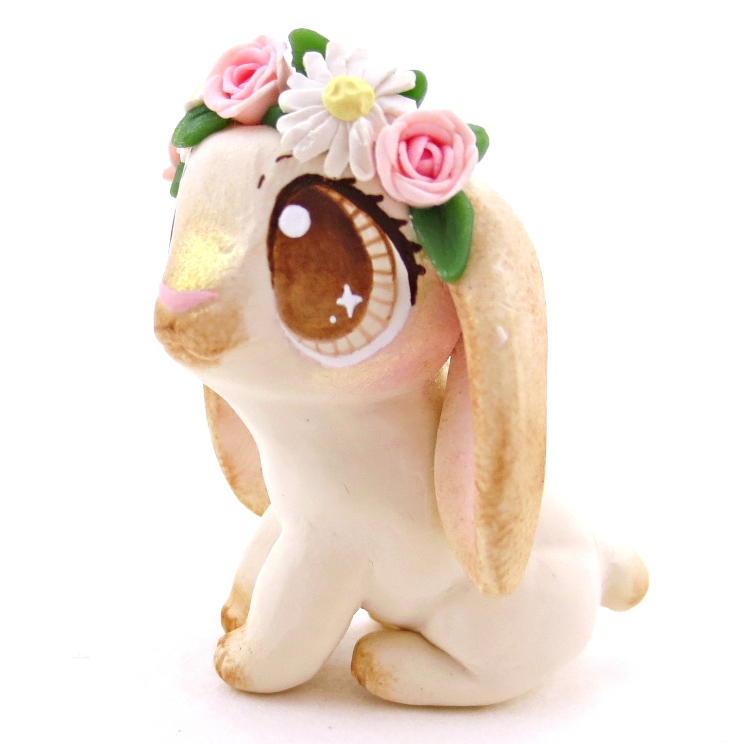 Flower Crown Cream Point Holland Lop Rabbit Figurine - Polymer Clay Spring and Easter Animals