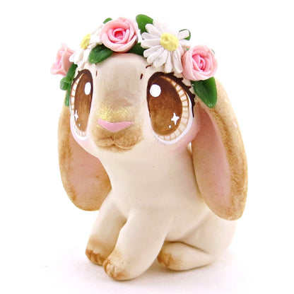 Flower Crown Cream Point Holland Lop Rabbit Figurine - Polymer Clay Spring and Easter Animals