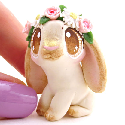 Flower Crown Cream Point Holland Lop Rabbit Figurine - Polymer Clay Spring and Easter Animals