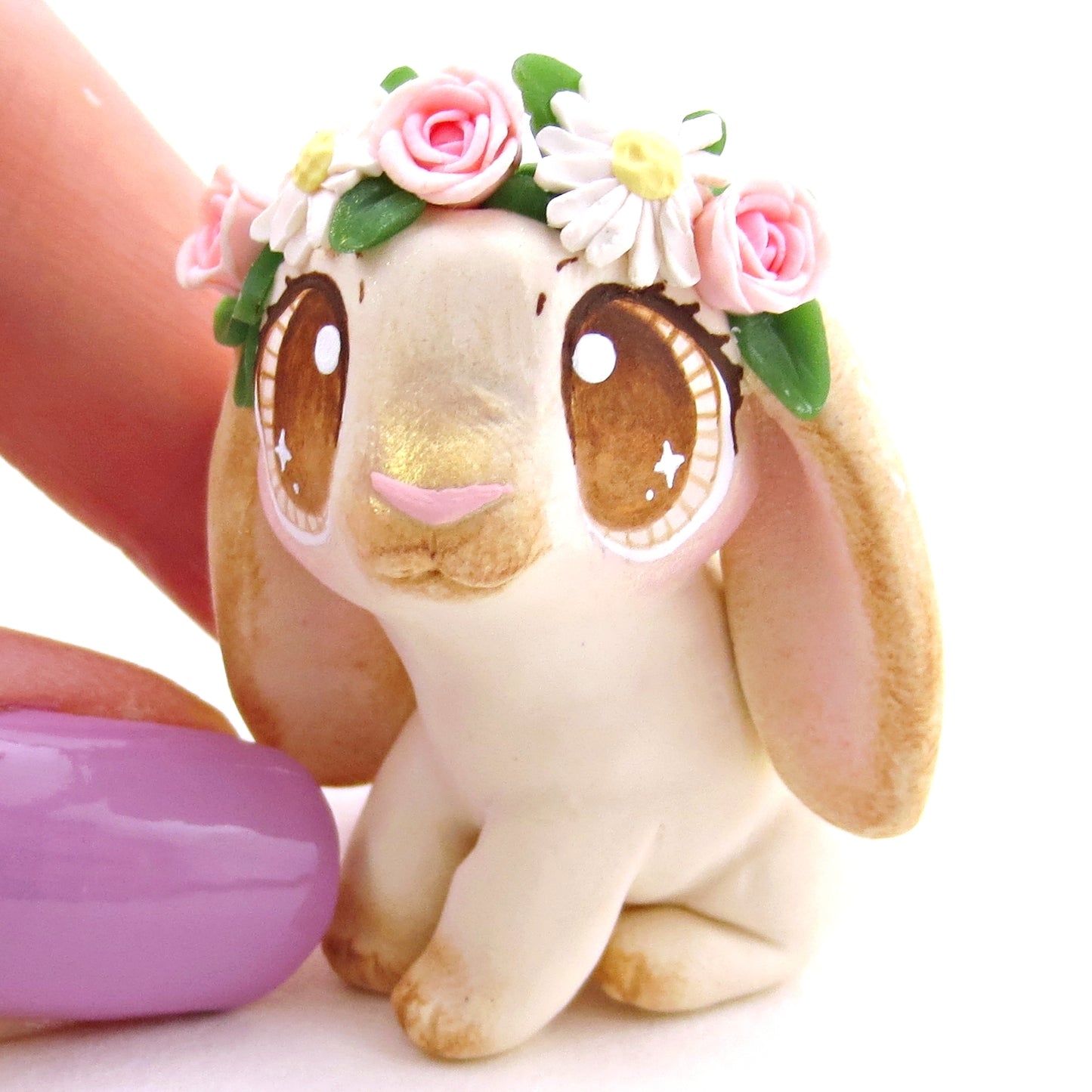 Flower Crown Cream Point Holland Lop Rabbit Figurine - Polymer Clay Spring and Easter Animals