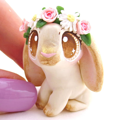 Flower Crown Cream Point Holland Lop Rabbit Figurine - Polymer Clay Spring and Easter Animals