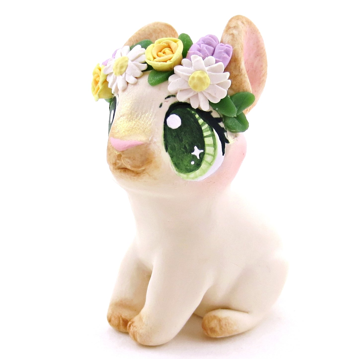 Flower Crown Cream Point Netherland Dwarf Rabbit Figurine - Polymer Clay Spring and Easter Animals