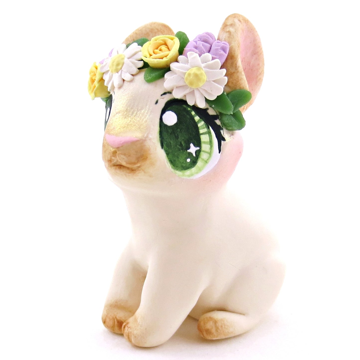 Flower Crown Cream Point Netherland Dwarf Rabbit Figurine - Polymer Clay Spring and Easter Animals