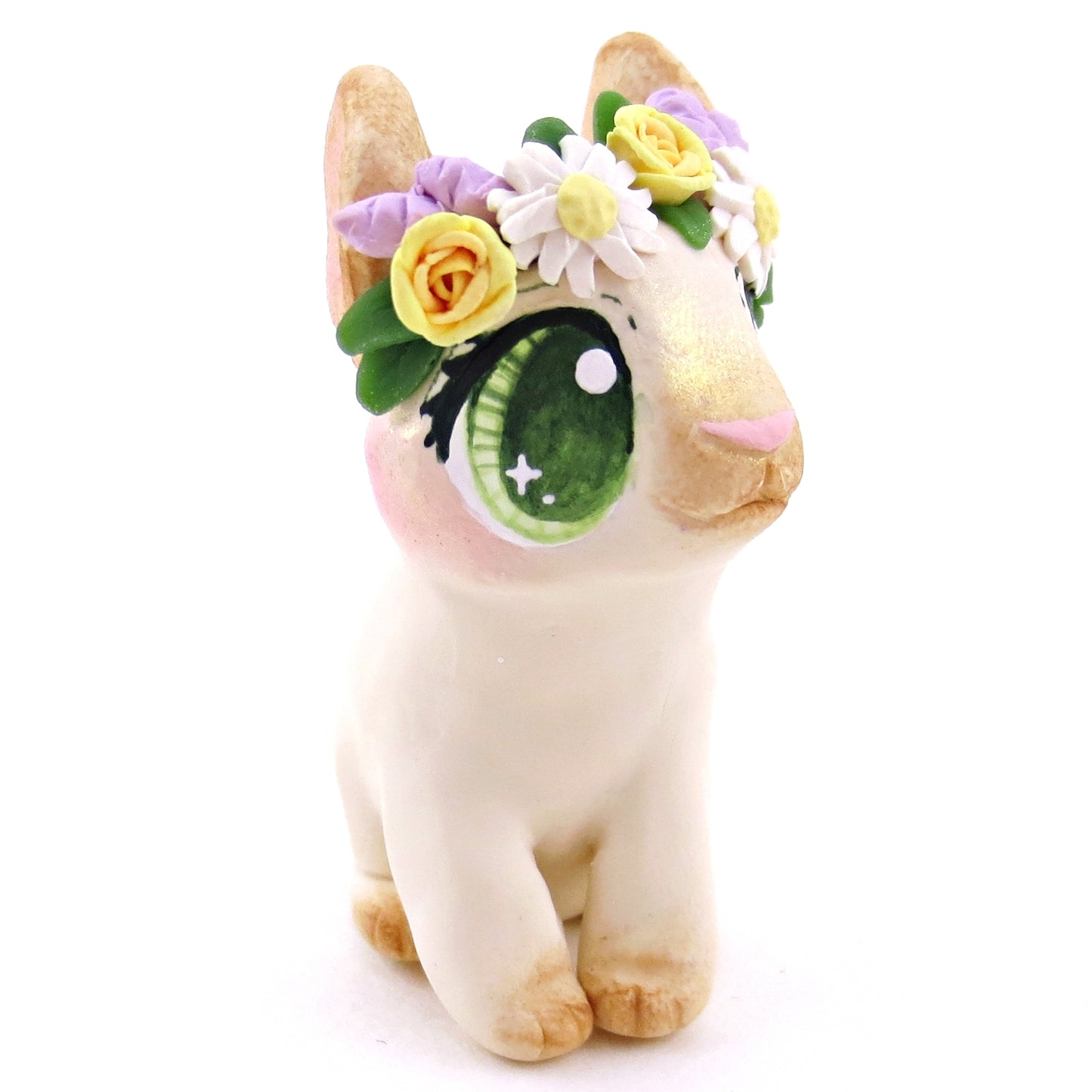 Flower Crown Cream Point Netherland Dwarf Rabbit Figurine - Polymer Clay Spring and Easter Animals