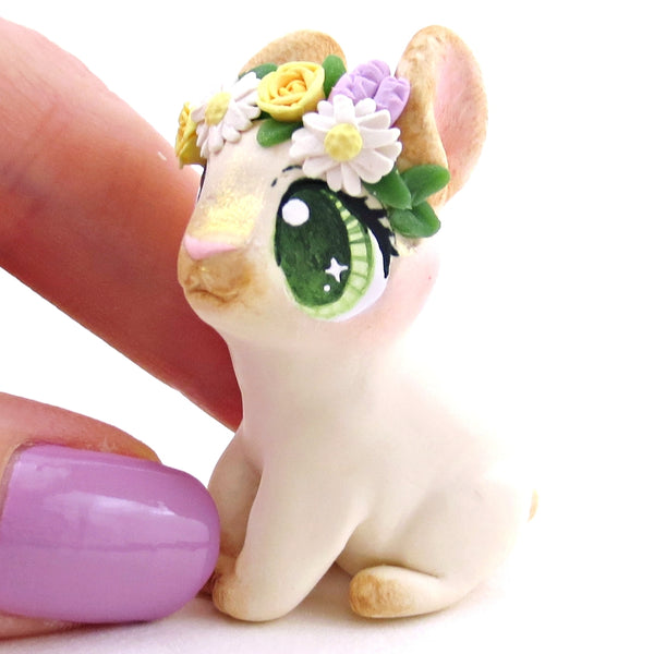 Flower Crown Cream Point Netherland Dwarf Rabbit Figurine - Polymer Clay Spring and Easter Animals