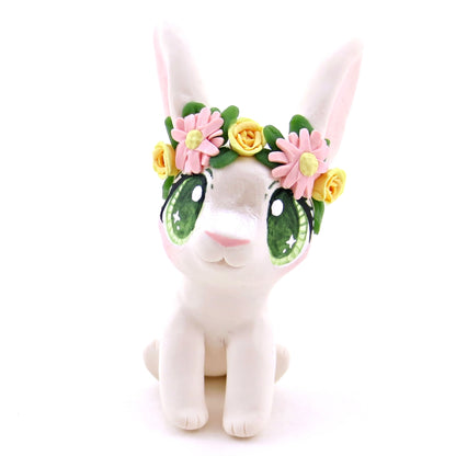 Flower Crown Big-Eared White Rabbit Figurine - Polymer Clay Spring and Easter Animals