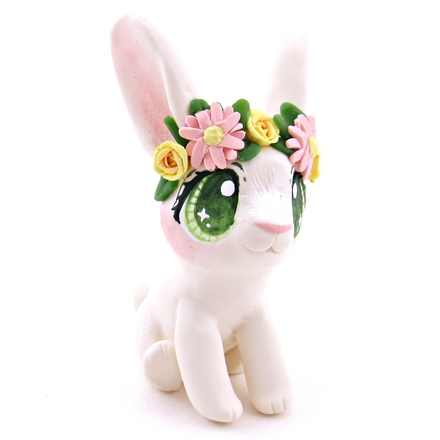 Flower Crown Big-Eared White Rabbit Figurine - Polymer Clay Spring and Easter Animals