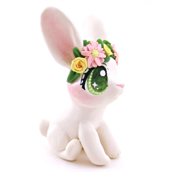 Flower Crown Big-Eared White Rabbit Figurine - Polymer Clay Spring and Easter Animals