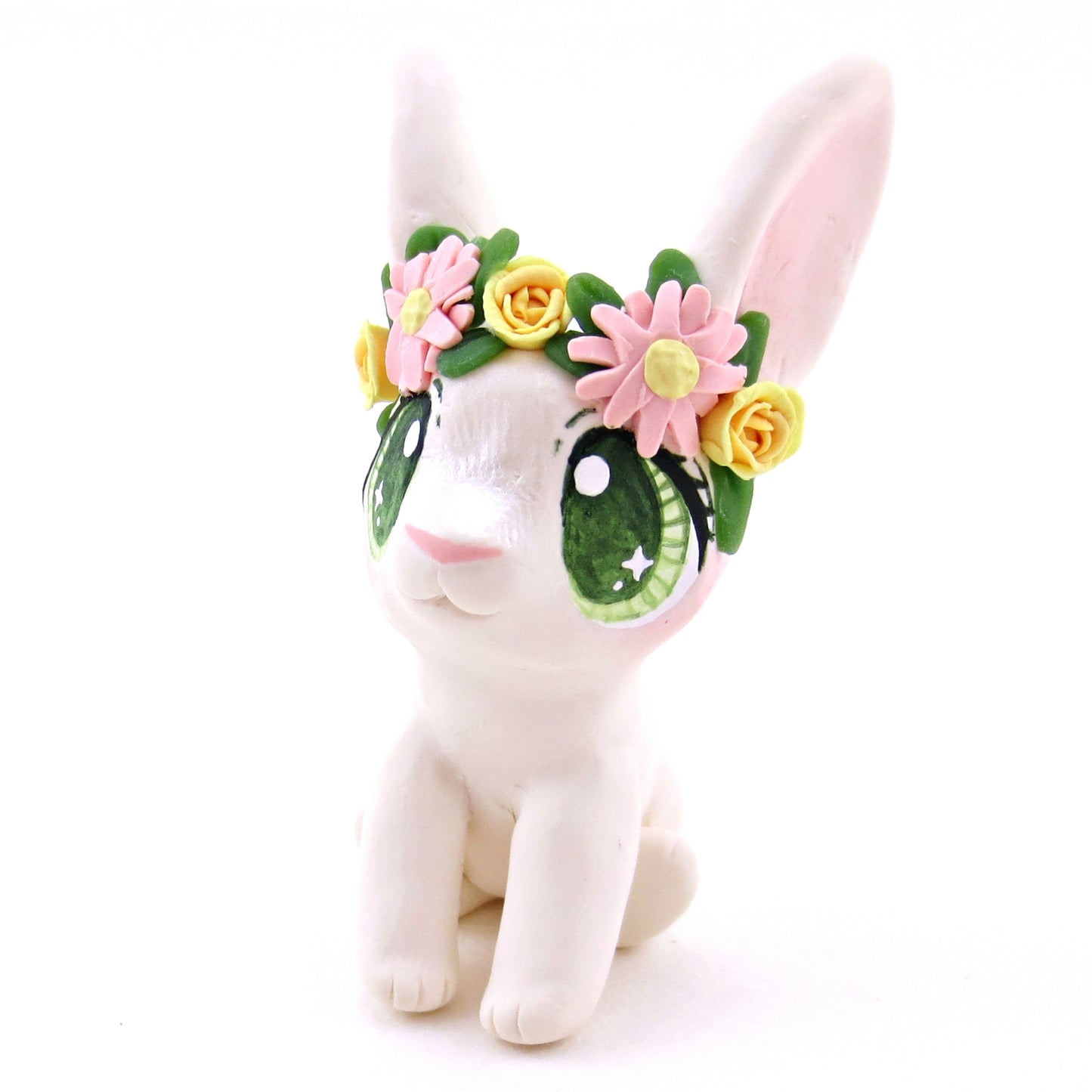 Flower Crown Big-Eared White Rabbit Figurine - Polymer Clay Spring and Easter Animals