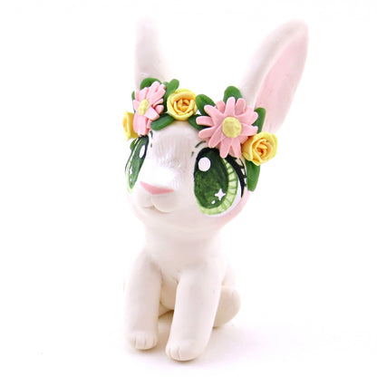 Flower Crown Big-Eared White Rabbit Figurine - Polymer Clay Spring and Easter Animals