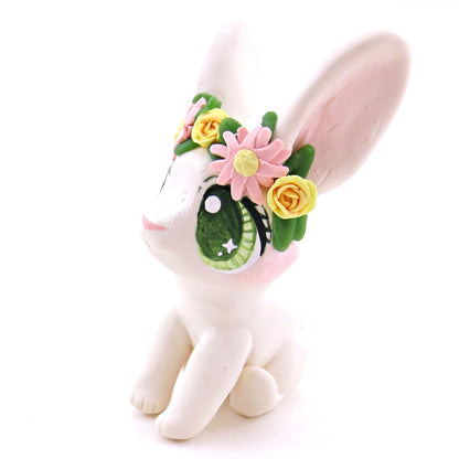 Flower Crown Big-Eared White Rabbit Figurine - Polymer Clay Spring and Easter Animals