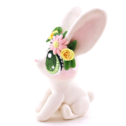 Flower Crown Big-Eared White Rabbit Figurine - Polymer Clay Spring and Easter Animals