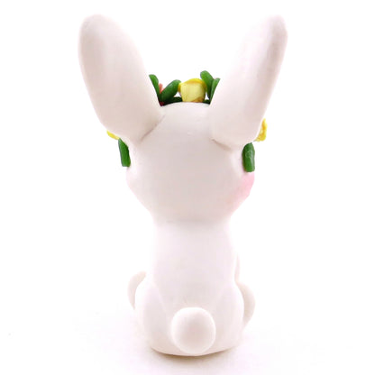 Flower Crown Big-Eared White Rabbit Figurine - Polymer Clay Spring and Easter Animals