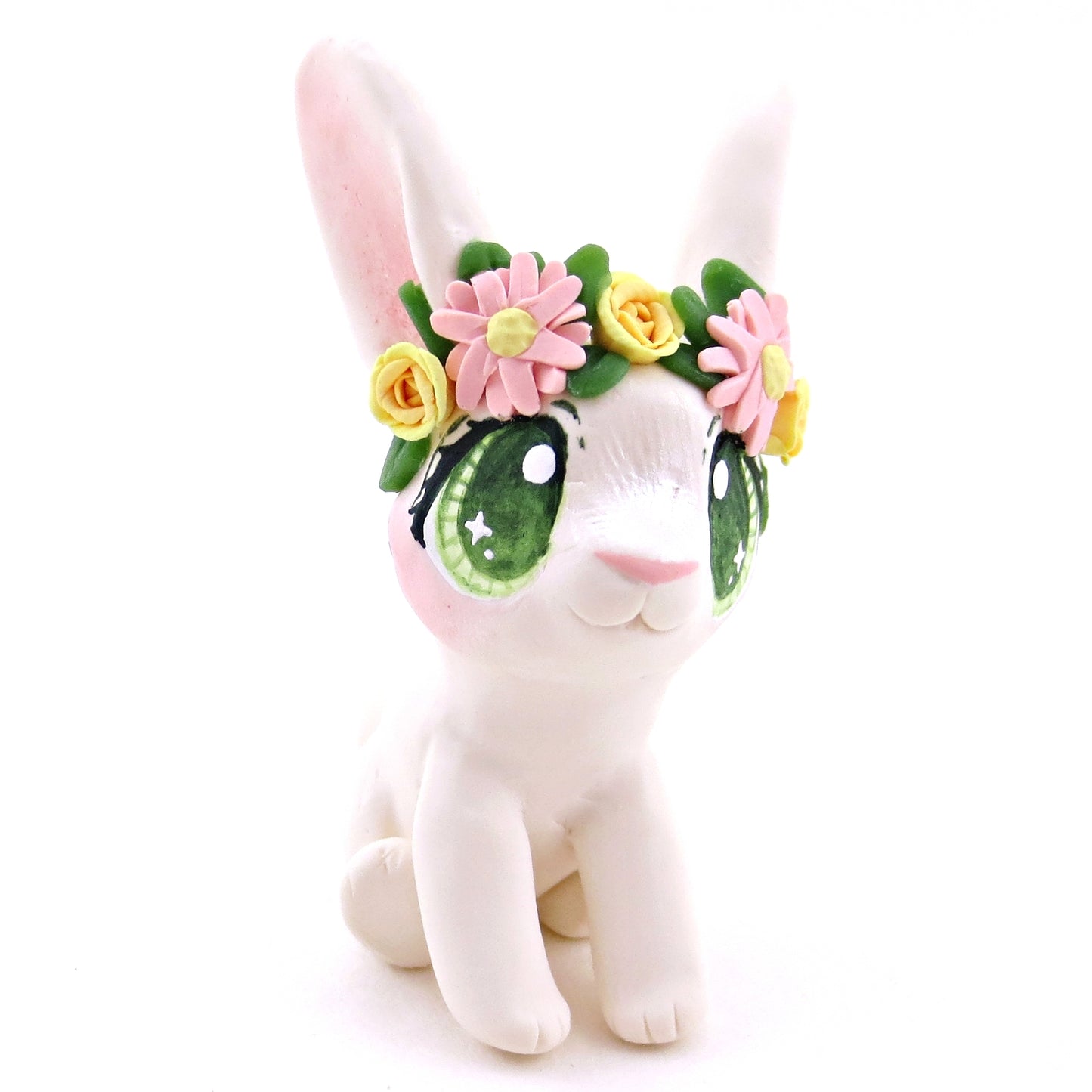 Flower Crown Big-Eared White Rabbit Figurine - Polymer Clay Spring and Easter Animals