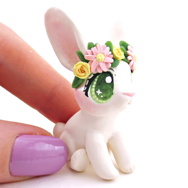 Flower Crown Big-Eared White Rabbit Figurine - Polymer Clay Spring and Easter Animals