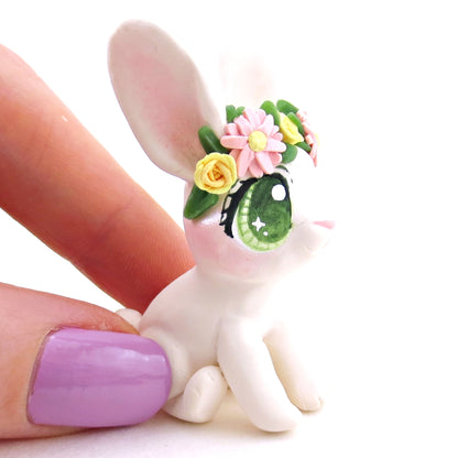 Flower Crown Big-Eared White Rabbit Figurine - Polymer Clay Spring and Easter Animals