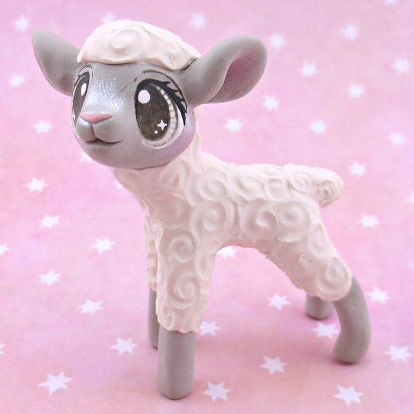 White and Grey Lamb Figurine - Polymer Clay Spring and Easter Animals