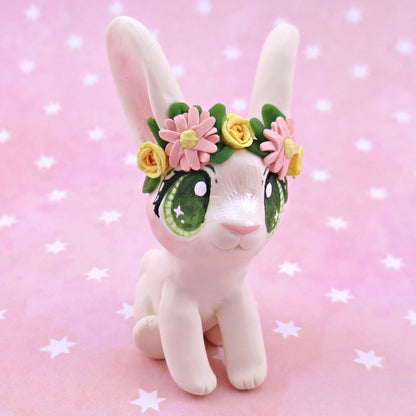 Flower Crown Big-Eared White Rabbit Figurine - Polymer Clay Spring and Easter Animals