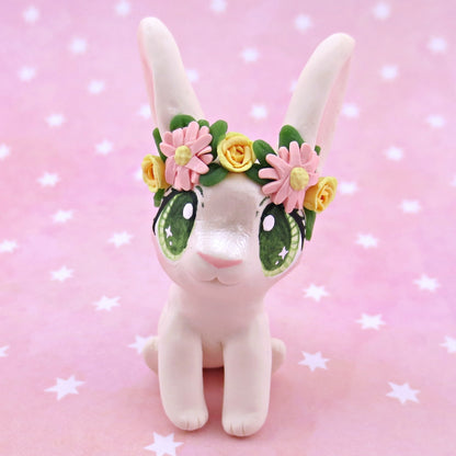 Flower Crown Big-Eared White Rabbit Figurine - Polymer Clay Spring and Easter Animals