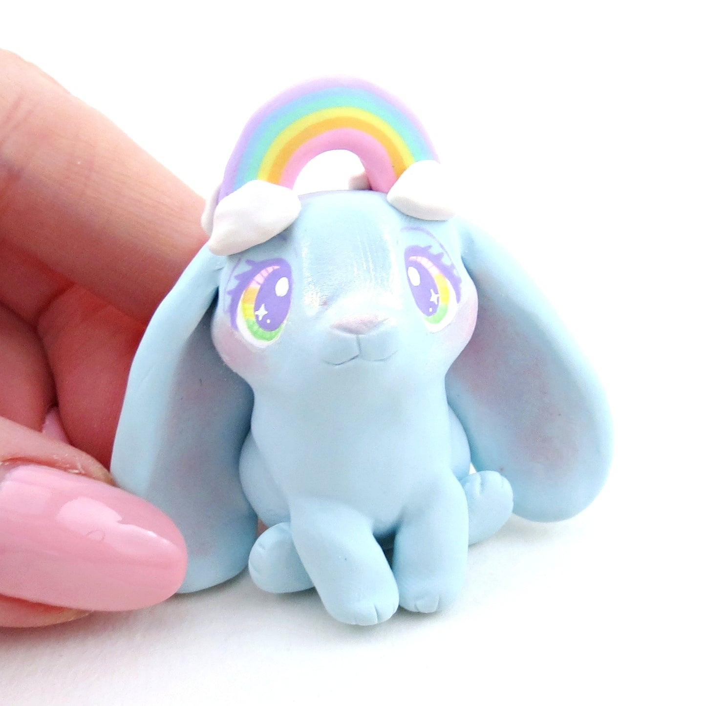 Cloud and Rainbow Air Winged Bunny Figurine - Polymer Clay Elementals Collection