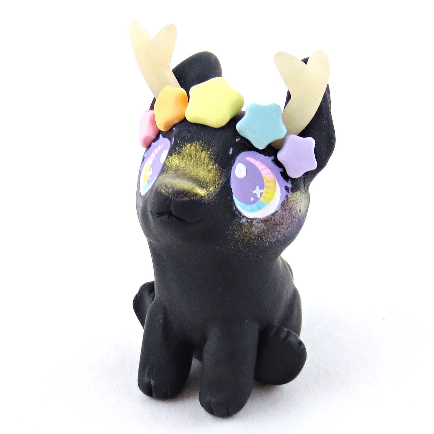 Rainbow Star Crown Night Jackalope Figurine - Polymer Clay Elementals Collection