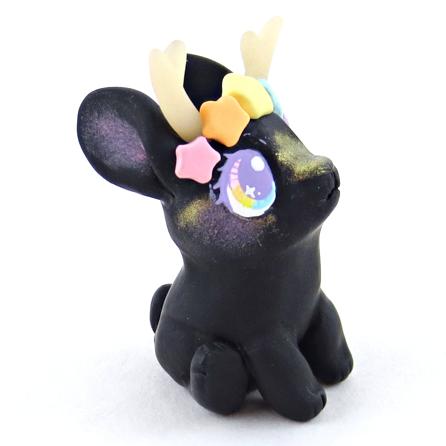 Rainbow Star Crown Night Jackalope Figurine - Polymer Clay Elementals Collection