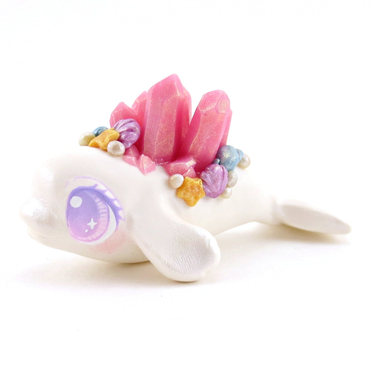 Pink Crystal Seashell Baby Beluga Figurine - Polymer Clay Enchanted Ocean Animals