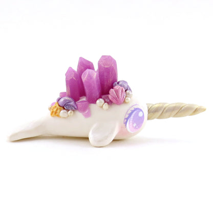 Purple Crystal Seashell Narwhal Figurine - Polymer Clay Enchanted Ocean Animals