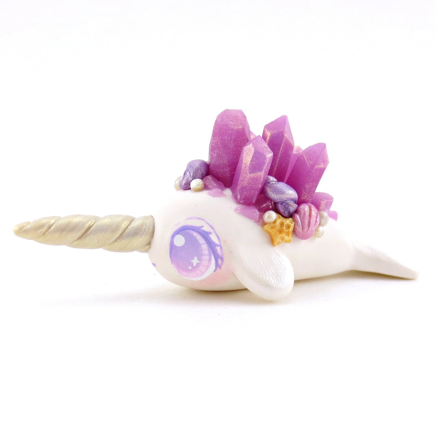 Purple Crystal Seashell Narwhal Figurine - Polymer Clay Enchanted Ocean Animals