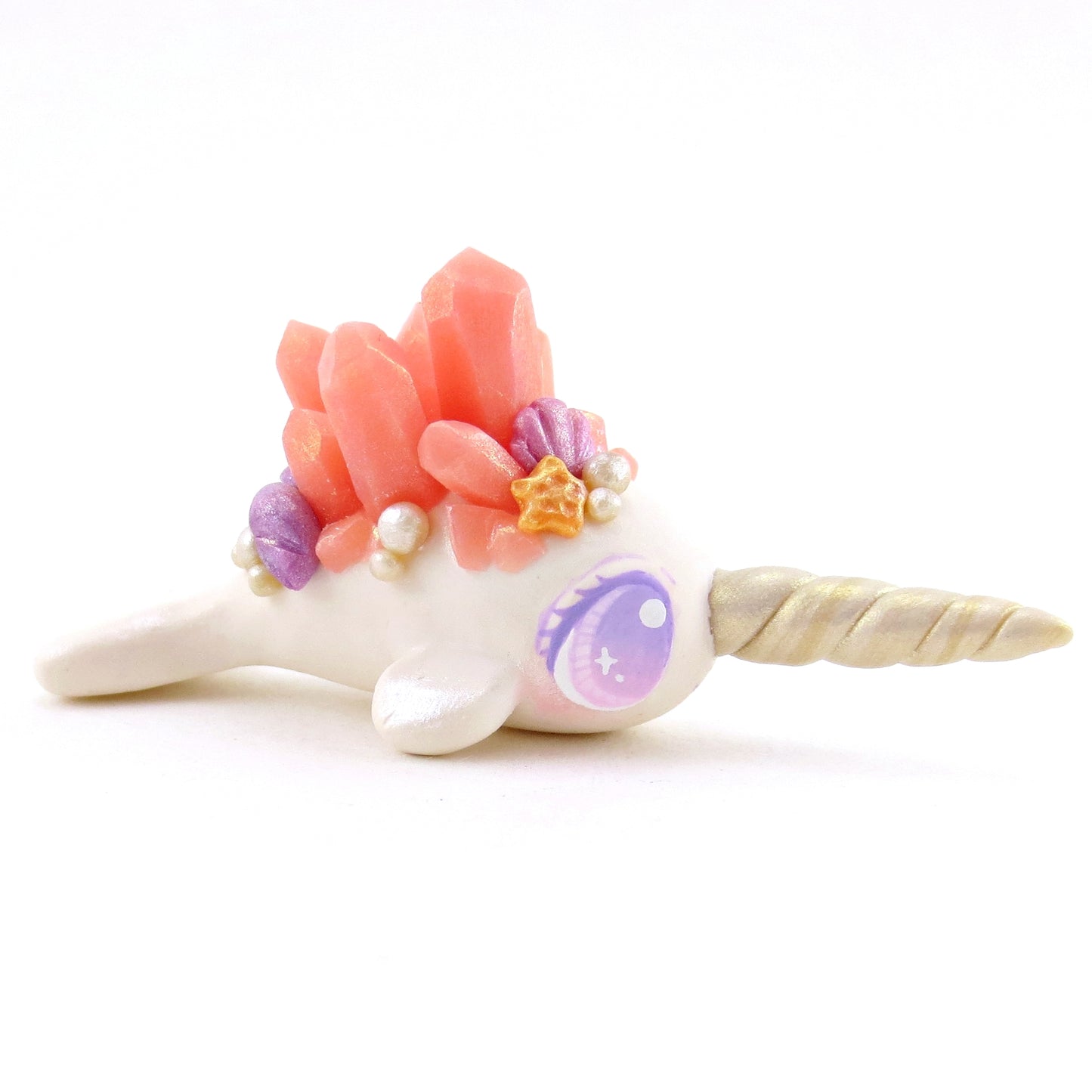 Peachy Pink Crystal Seashell Narwhal Figurine - Polymer Clay Enchanted Ocean Animals