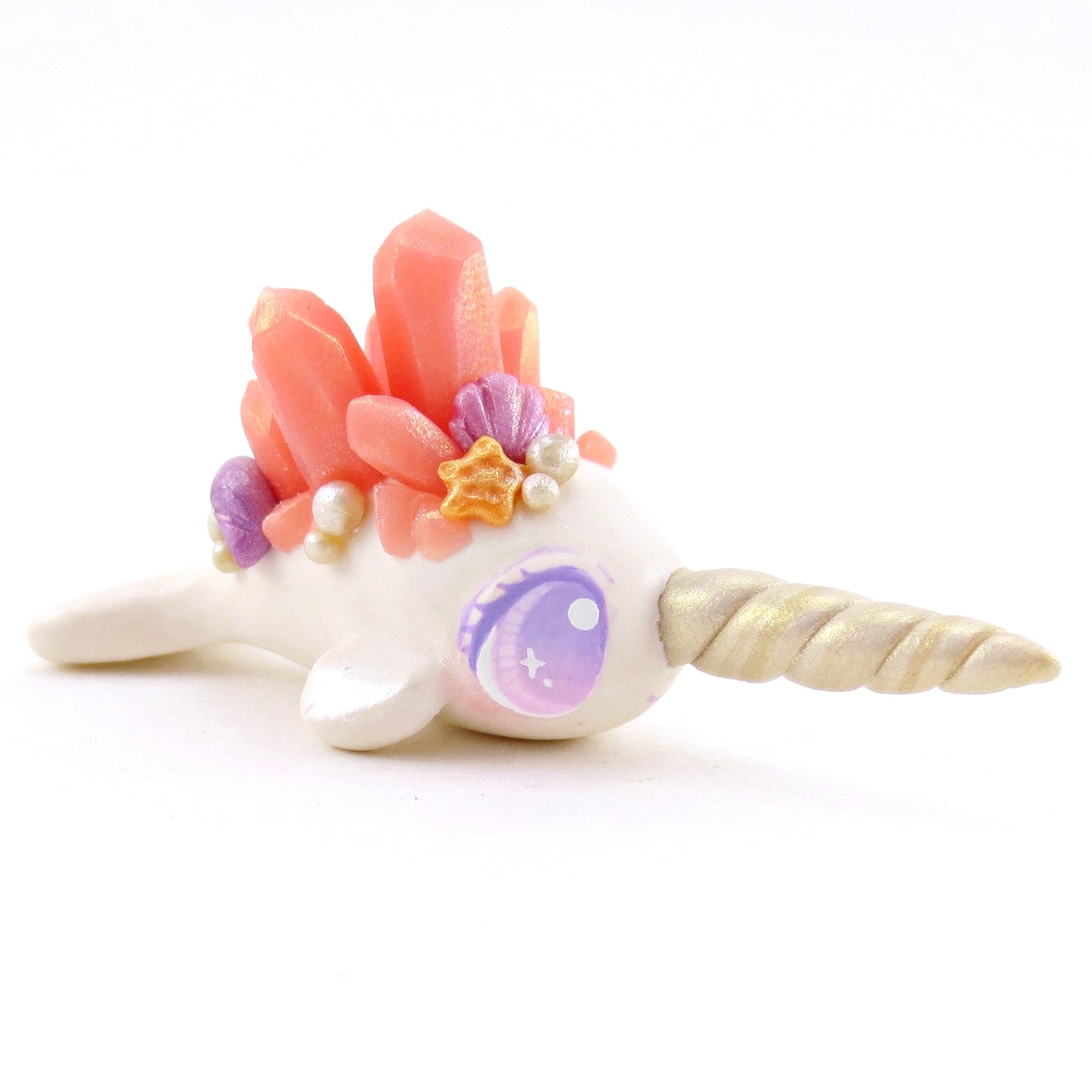 Peachy Pink Crystal Seashell Narwhal Figurine - Polymer Clay Enchanted Ocean Animals