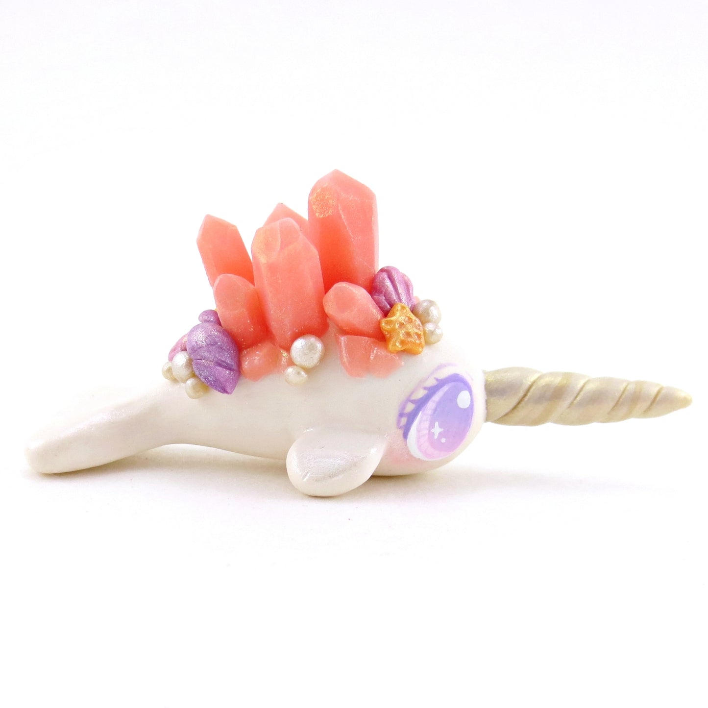 Peachy Pink Crystal Seashell Narwhal Figurine - Polymer Clay Enchanted Ocean Animals