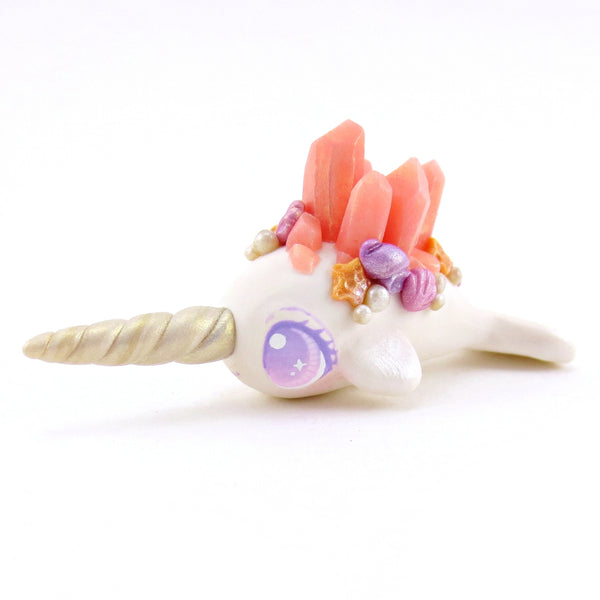 Peachy Pink Crystal Seashell Narwhal Figurine - Polymer Clay Enchanted Ocean Animals