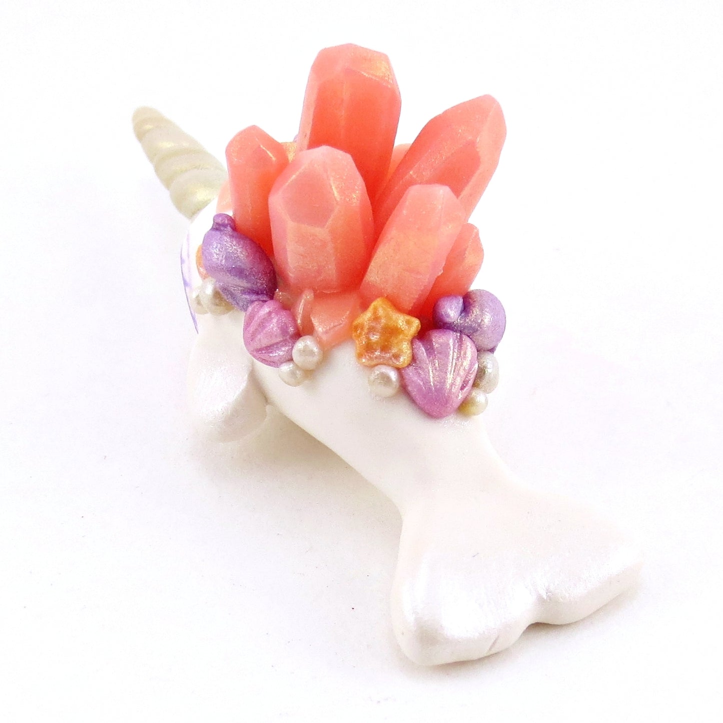 Peachy Pink Crystal Seashell Narwhal Figurine - Polymer Clay Enchanted Ocean Animals