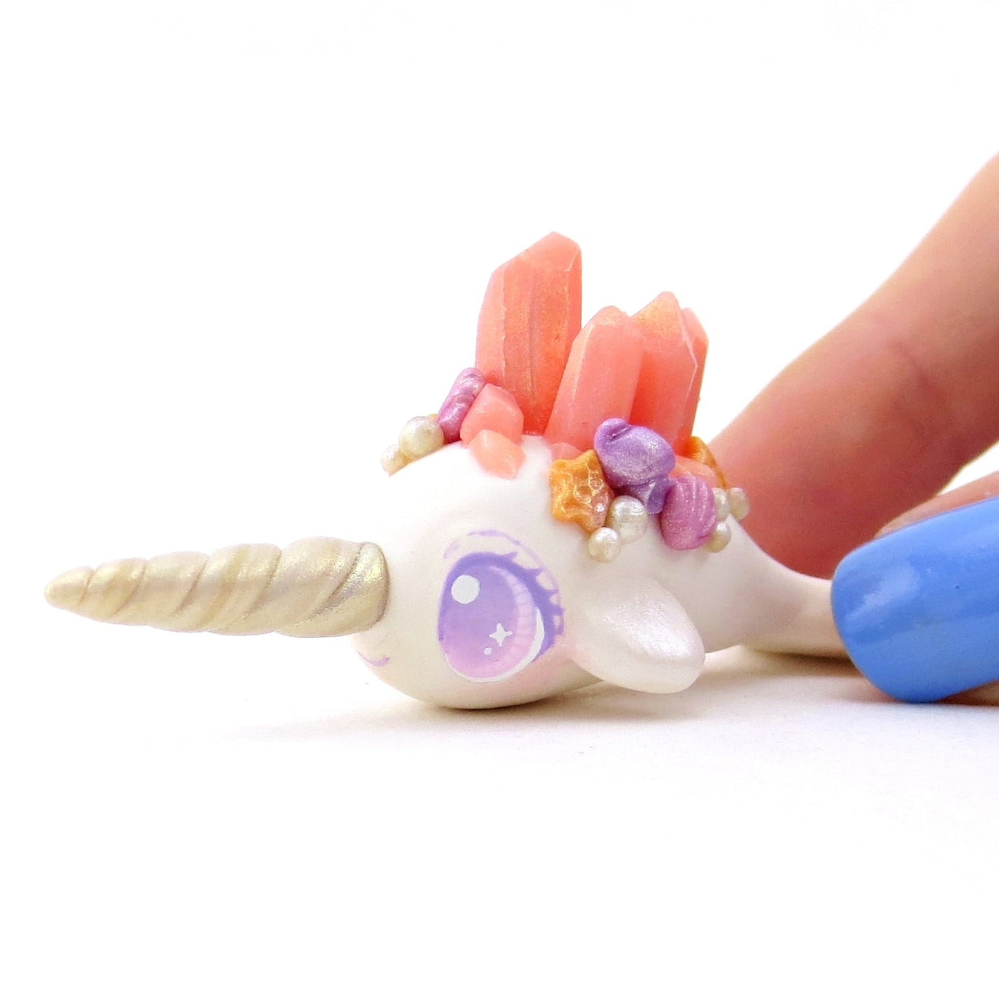 Peachy Pink Crystal Seashell Narwhal Figurine - Polymer Clay Enchanted Ocean Animals