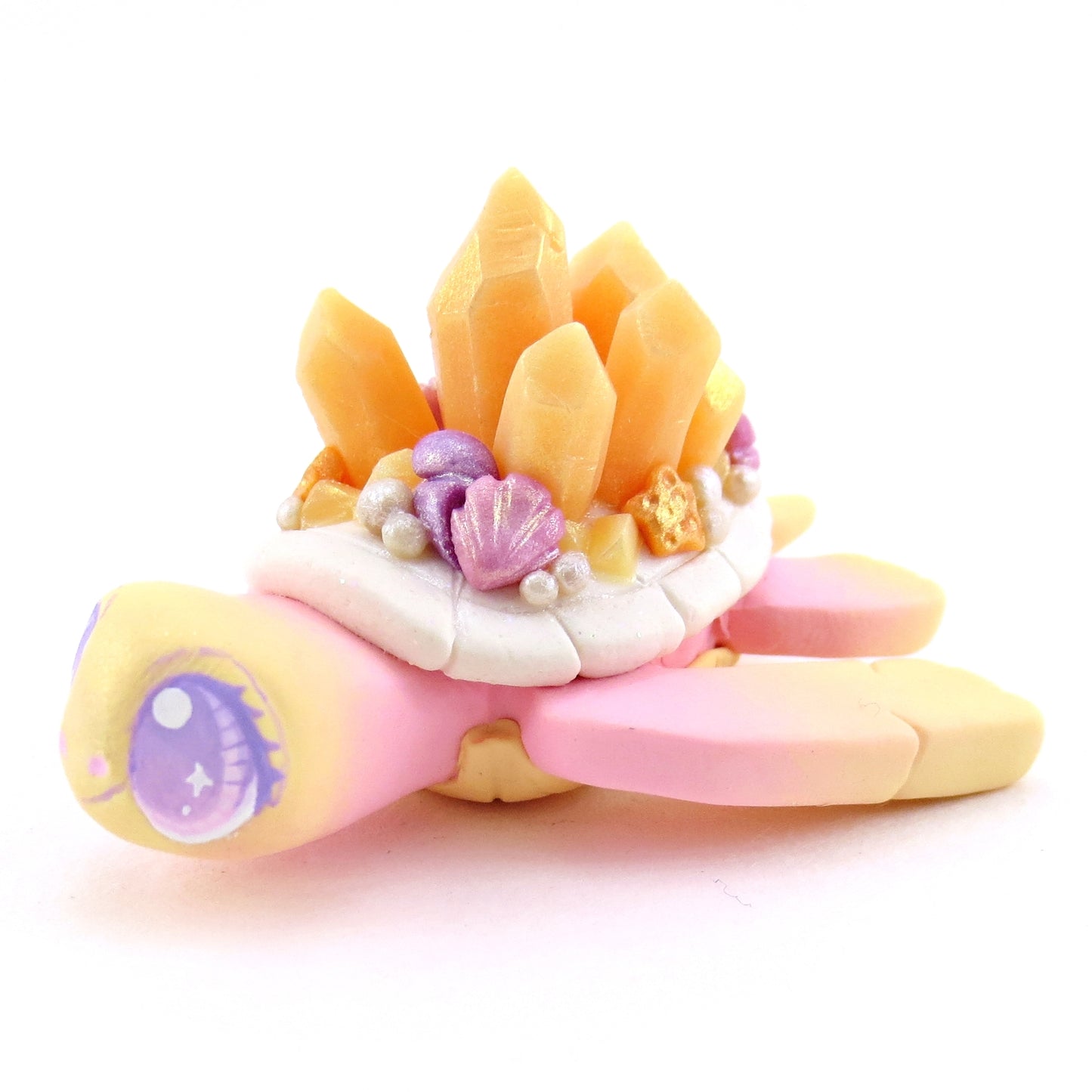 Peachy Crystal Seashell Turtle Figurine - Polymer Clay Enchanted Ocean Animals