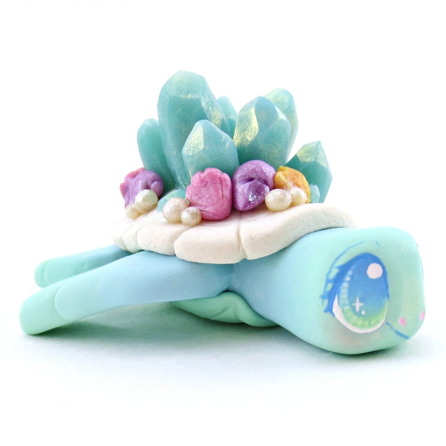 Blue/Green Crystal Seashell Turtle Figurine - Polymer Clay Enchanted Ocean Animals