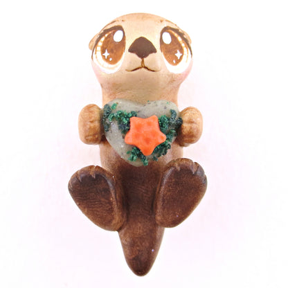 Sea Otter with Heart Rock Figurine - Polymer Clay Enchanted Ocean Animals