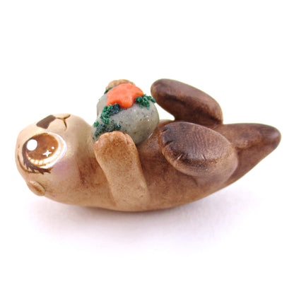 Sea Otter with Heart Rock Figurine - Polymer Clay Enchanted Ocean Animals