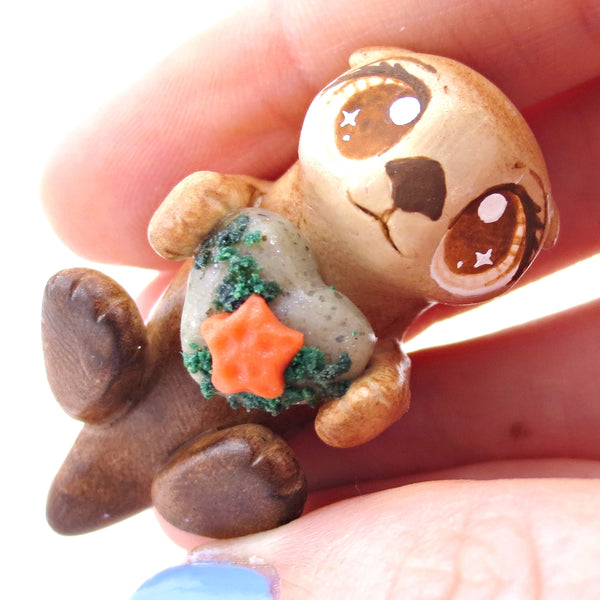 Sea Otter with Heart Rock Figurine - Polymer Clay Enchanted Ocean Animals