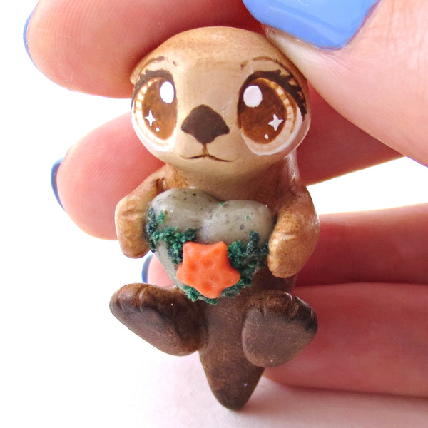 Sea Otter with Heart Rock Figurine - Polymer Clay Enchanted Ocean Animals