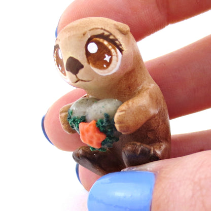 Sea Otter with Heart Rock Figurine - Polymer Clay Enchanted Ocean Animals