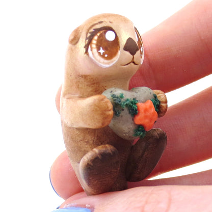 Sea Otter with Heart Rock Figurine - Polymer Clay Enchanted Ocean Animals